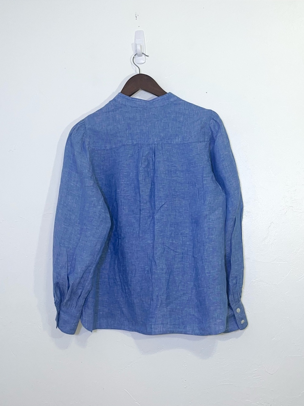 J McLaughlin Rashell Linen Blouse Blue Split V-Neck Puff Lantern Sleeve Top L - Picture 8 of 9